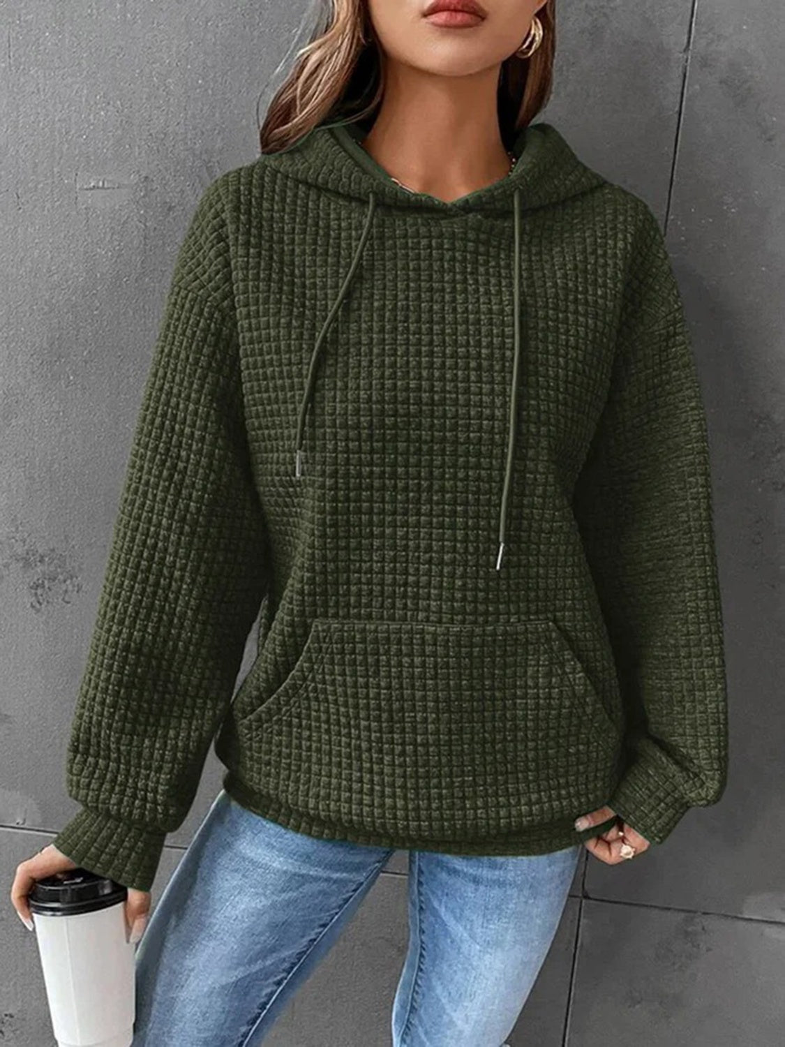 Textured Drawstring Drop Shoulder Hoodie (Copy)