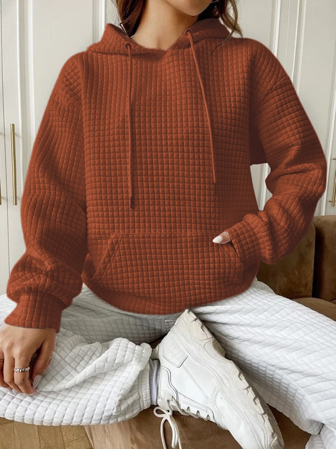 Textured Drawstring Drop Shoulder Hoodie (Copy)