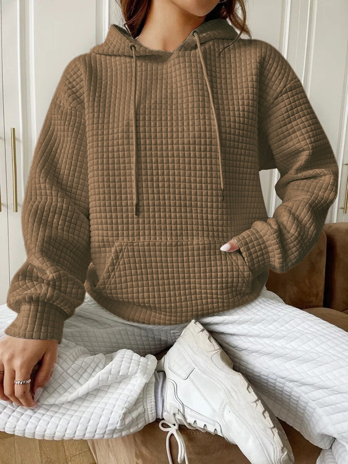 Textured Drawstring Drop Shoulder Hoodie (Copy)